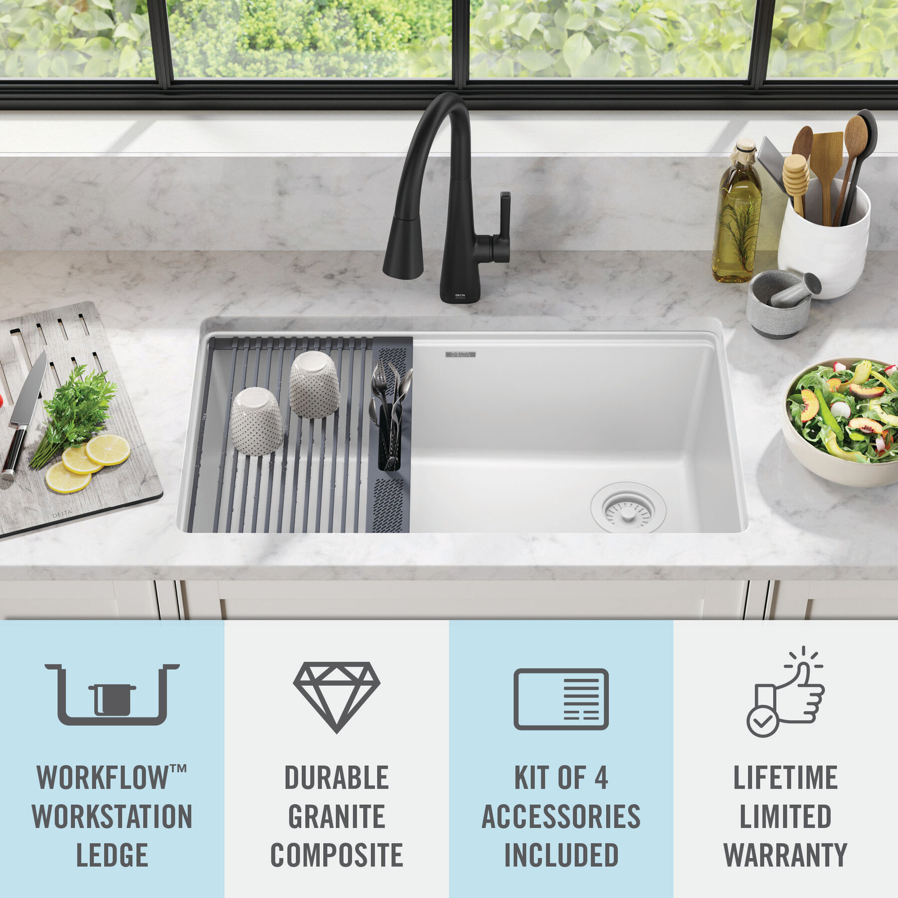 Lavabo de cocina tipo estación de trabajo con un receptáculo de compuesto de granito de 32" de montaje bajo encimera, con reborde WorkFlow™ y accesorios, imagen 47